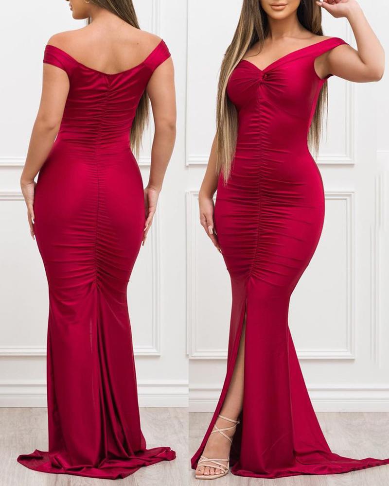

Off Shoulder Ruched High Slit Mermaid Dress, Red