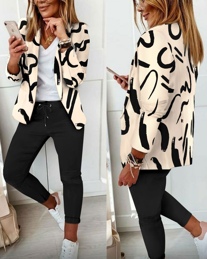 

Abstract Print Long Sleeve Blazer & Pants Set, Black