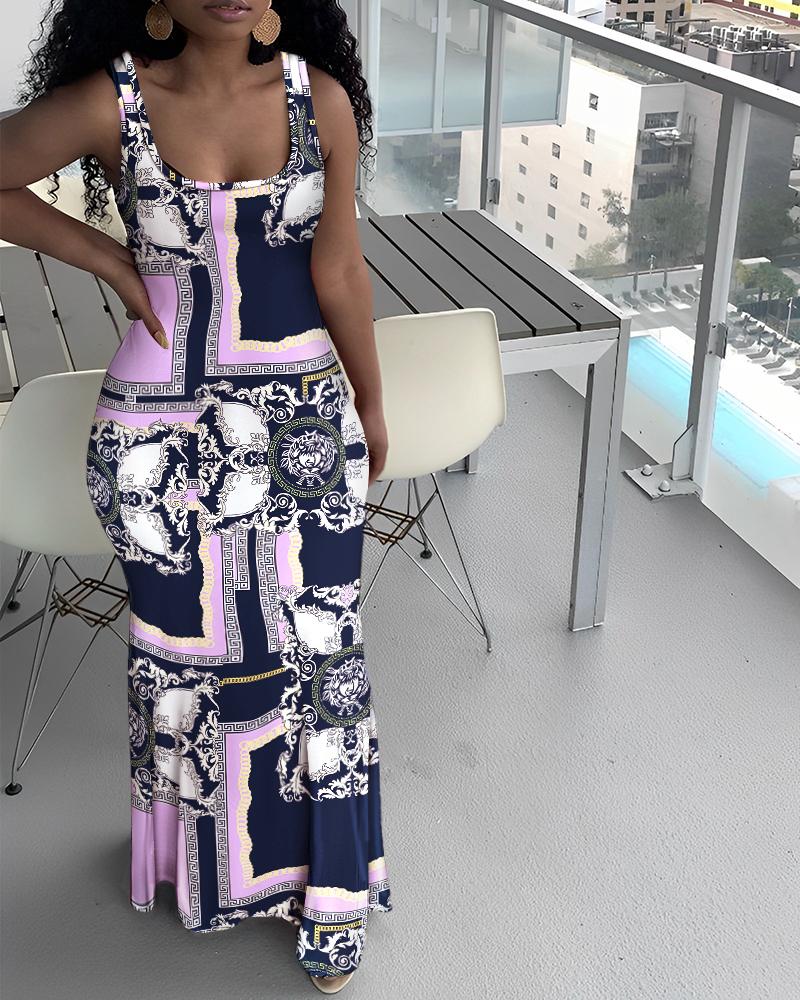 

Scarf Print U-Neck Maxi Dress, Purple