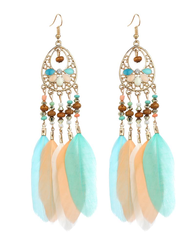 1Pair Bohemian Hollow Out Geometric Feather Drop Earrings