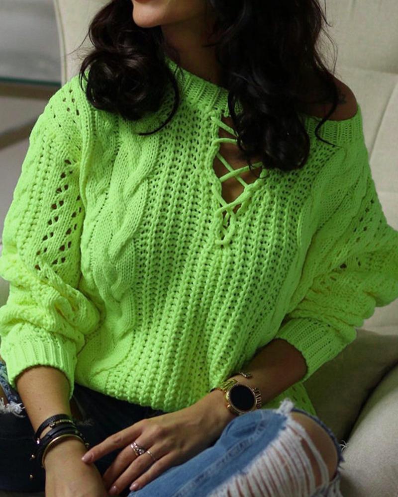 

Lace-Up Front Chunky Cable Knit Sweater, Green