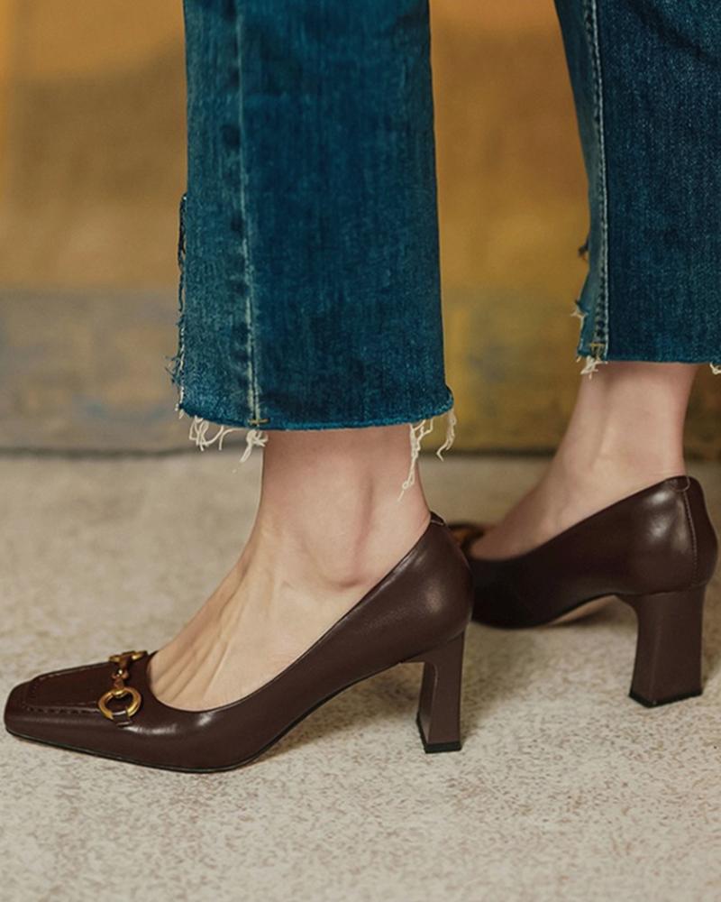 

Horsebit Square Toe Chunky Heels, Coffee