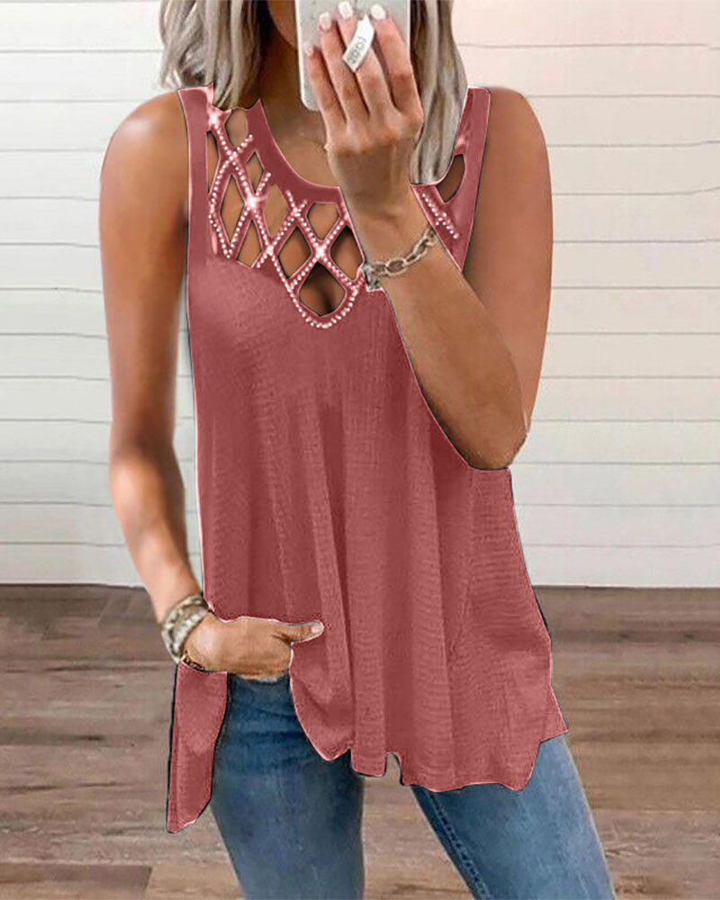 Rhinestone Decor Hollow Out Casual Tank Top