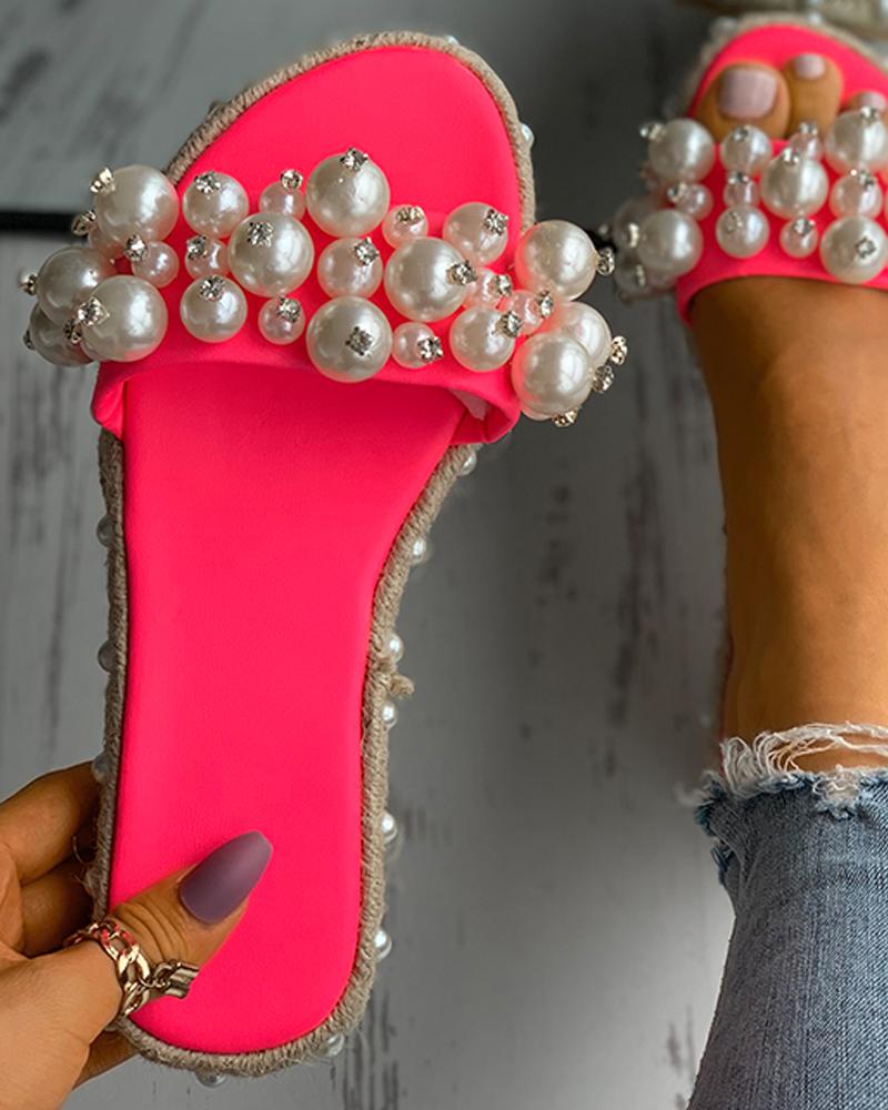 

Studded Decor Faux Pearl Slippers, Pink
