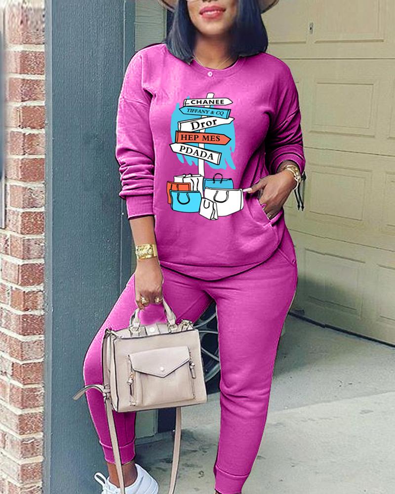 

Graphic Letter Print Pocket Design Top & Pants Set, Hot pink