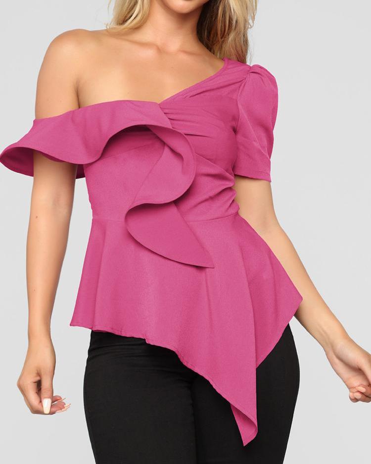 

One Shoulder Ruffles Design Top, Hot pink