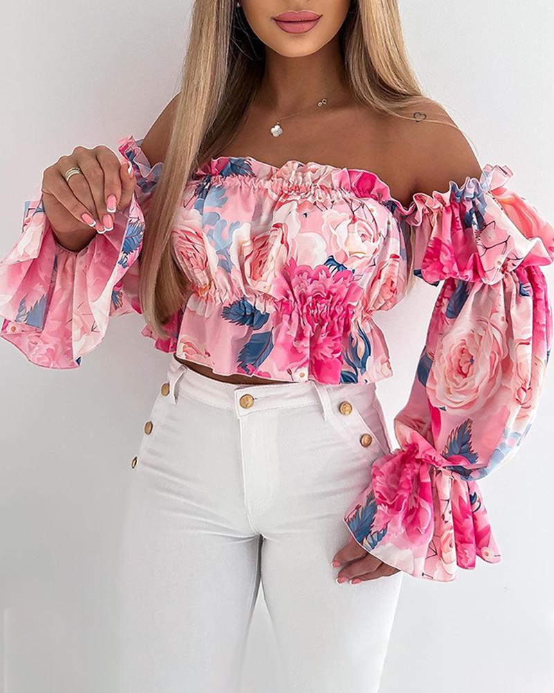 

Floral Print Frill Hem Off Shoulder Top, Pink