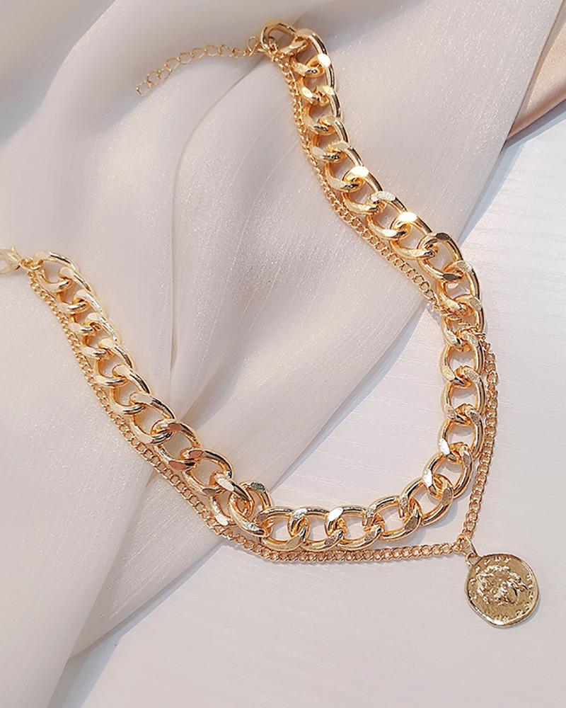 

1PCS Coin Pendant Cuban Chain Layered Necklace, Gold