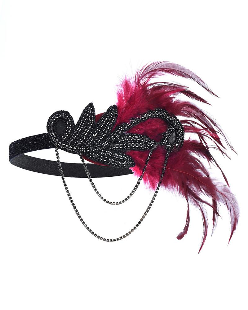 

Rhinestone Feather Headpiece Flapper Headbands 1920s Luxury Jewelry Gatsby Party Flapper Girl Showgirl Hair Costume Accessories, Red