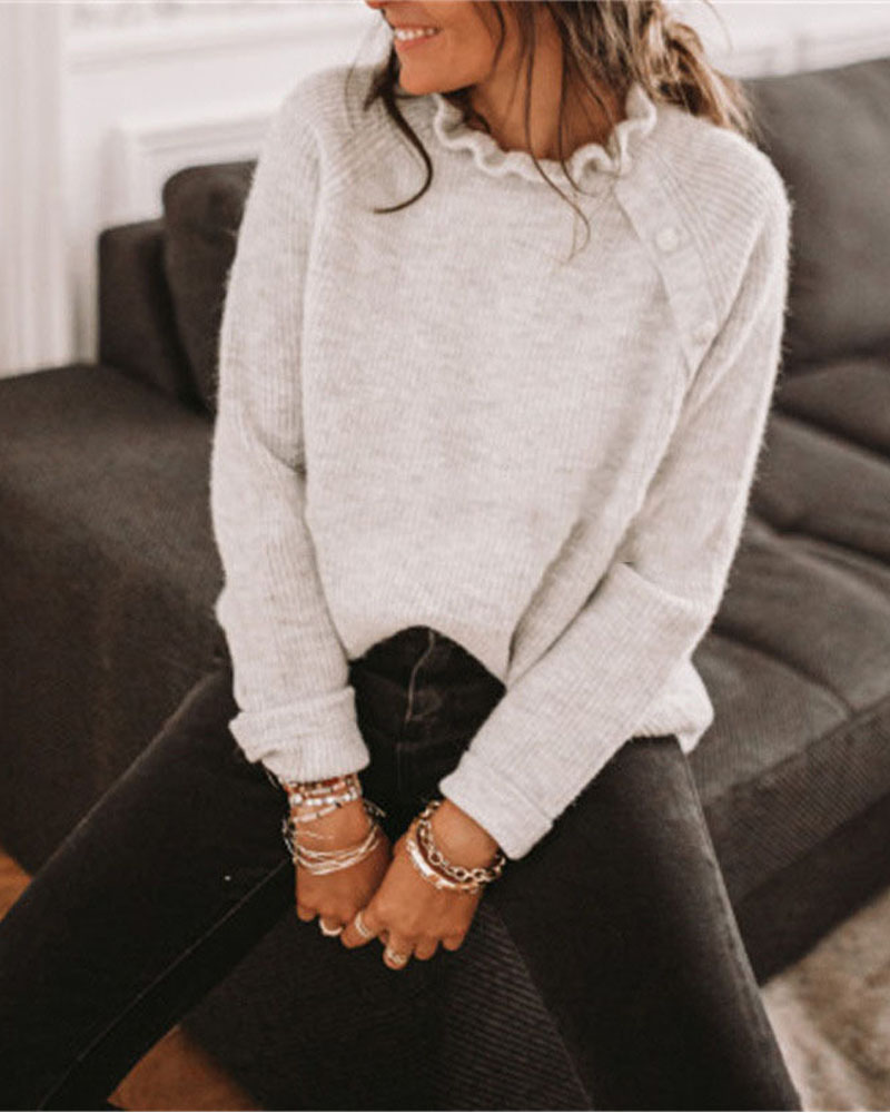 

Long Sleeve Button Decor Ruffle Collar Sweater, Gray