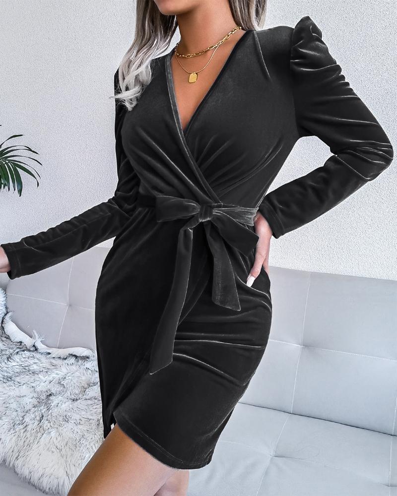 

Puff Sleeve Surplice Neck Velvet Party Dress, Black