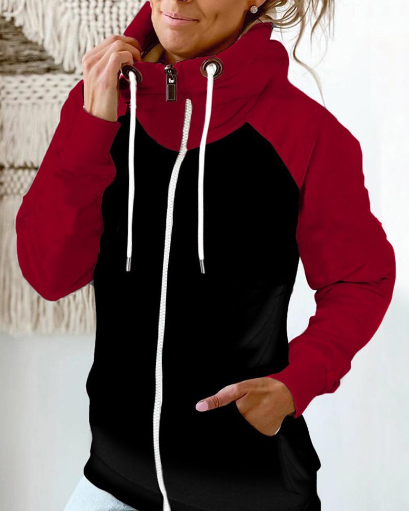 

Colorblock Zipper Pocket Design Lined Coat, Red