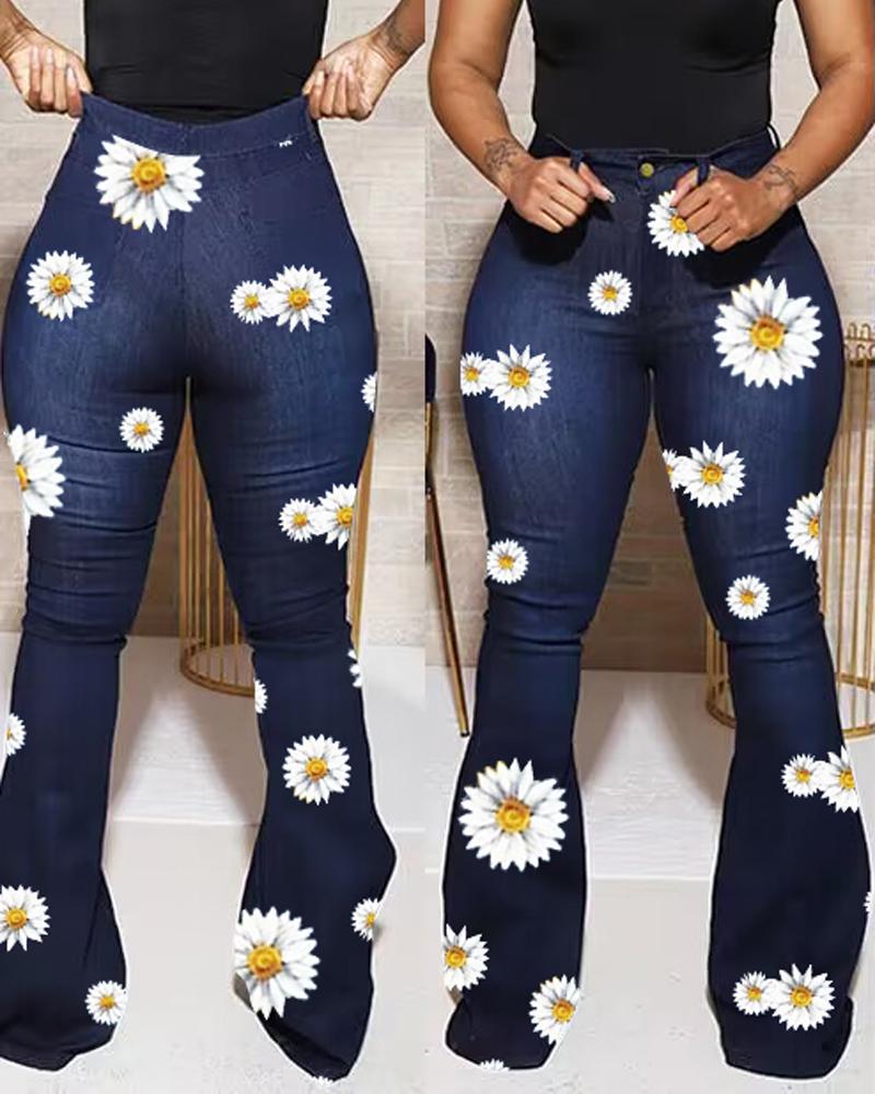 

Daisy Print High Waist Flared Leg Jeans, Dark blue