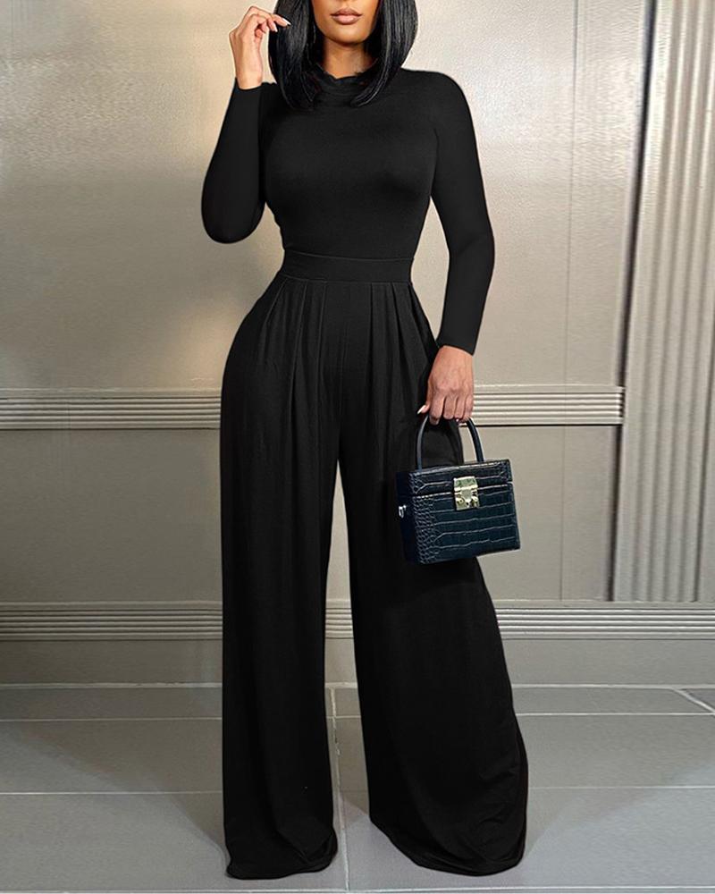 

Long Sleeve Top & High Waist Wide Leg Pants Set, Black