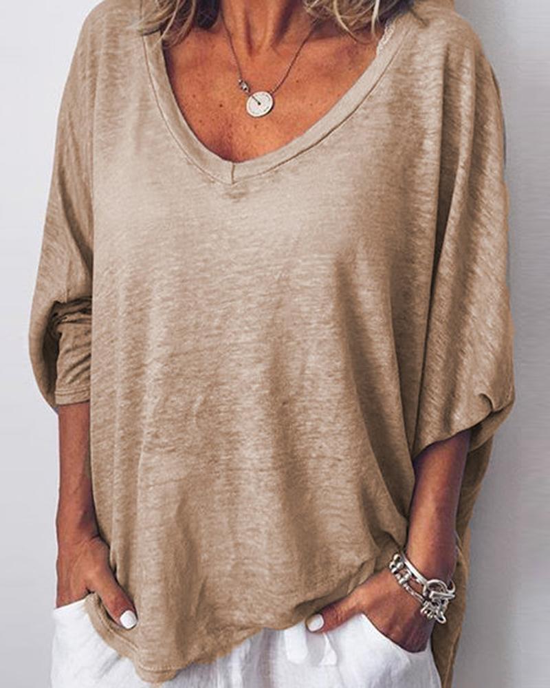 

Plus Size V-Neck Batwing Sleeve Casual Top, Khaki