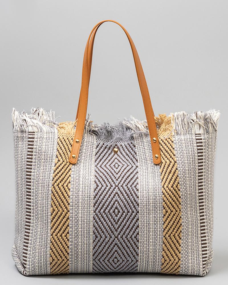 

Plaid Large Capacity Tassel Braided Magnet Tote Bag, Style2