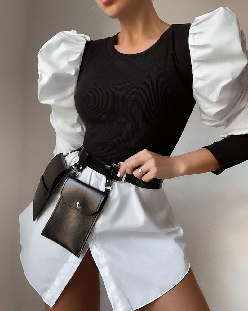 

Puff Sleeve Colorblock Button Design Dress, Black