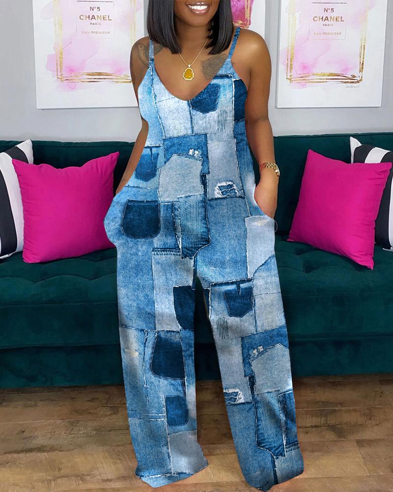 

Plus Size Denim Look Print Spaghetti Strap Jumpsuit, Blue