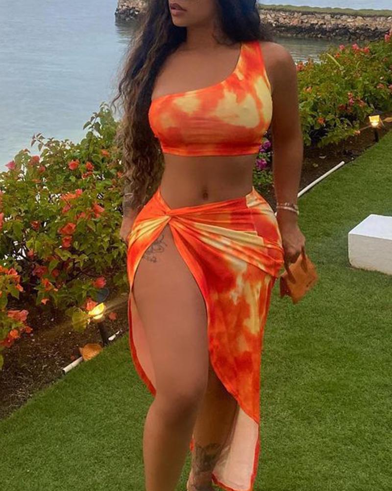 

Tie Dye Sleeveless Skinny Tanks With Slit Dress Suit Sets, Orange