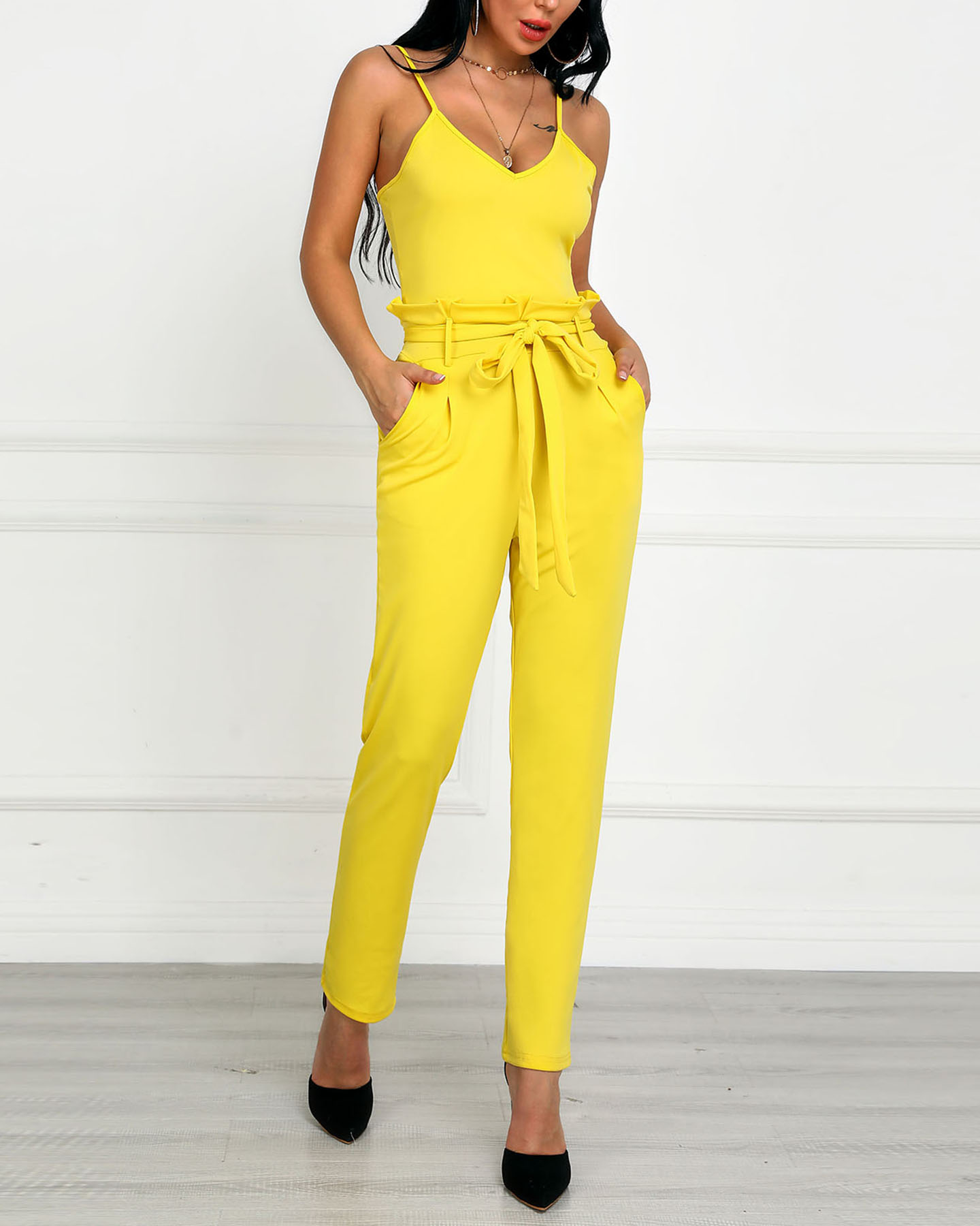 

Spaghetti Strap Ruffled Waist Belted Jumpsuits, Yellow