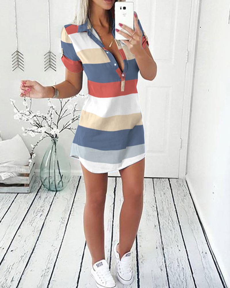 Striped Colorblock Print Short Sleeve Button Design Shirt Dress