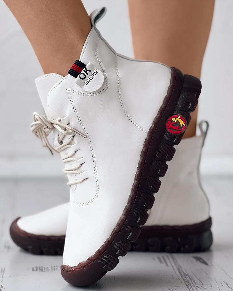 

PU Leather Lace-up Ankle Boots, White