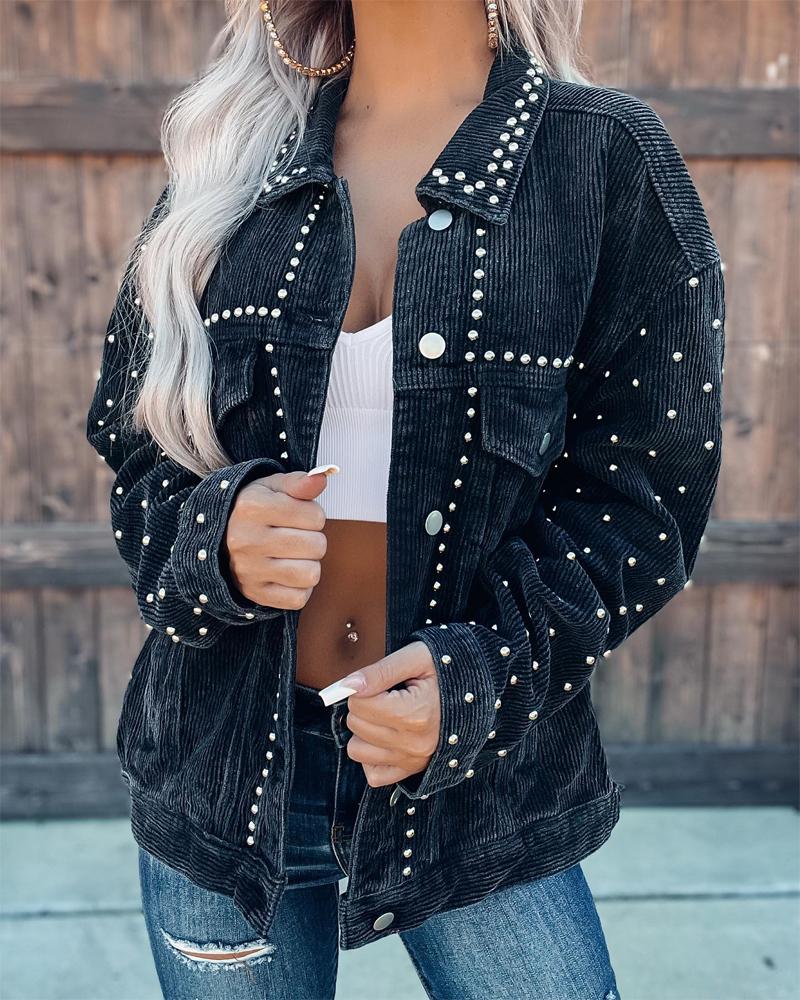 

Long Sleeve Studded Decor Corduroy Shacket, Black