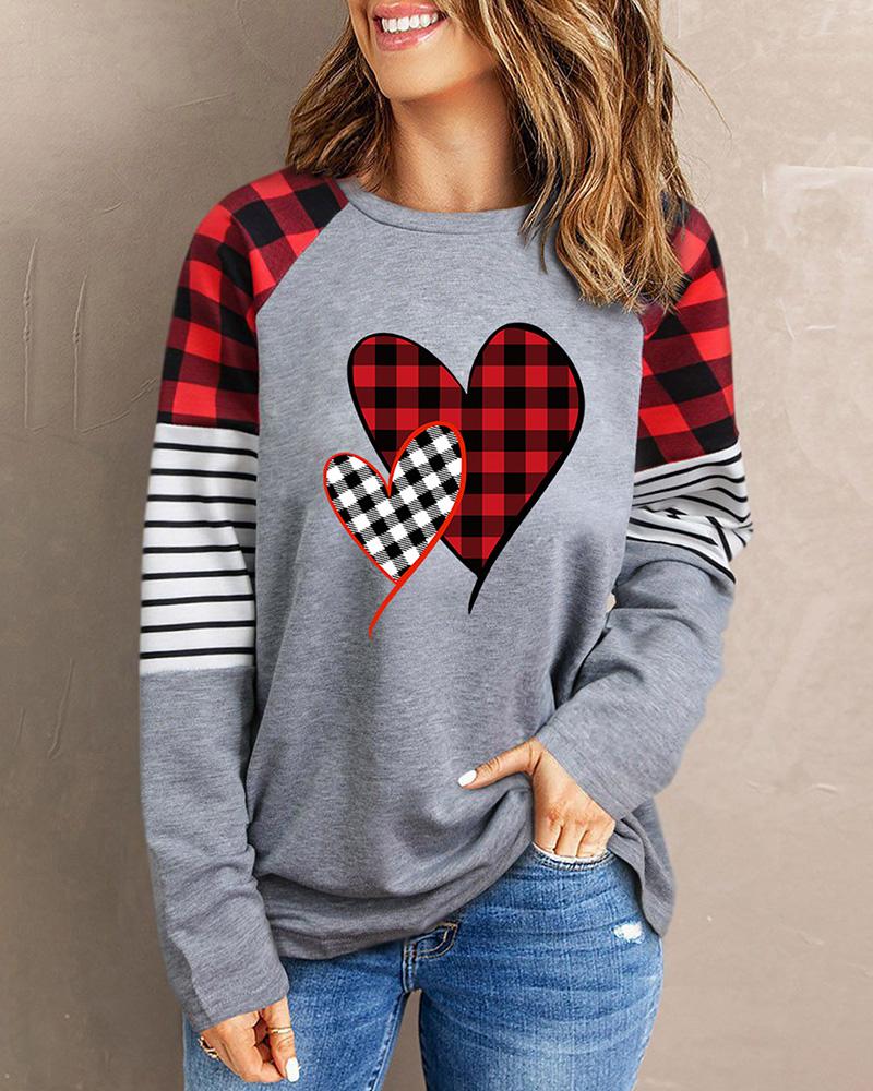 

Long Sleeve Heart Plaid Striped Print Casual Top, Gray
