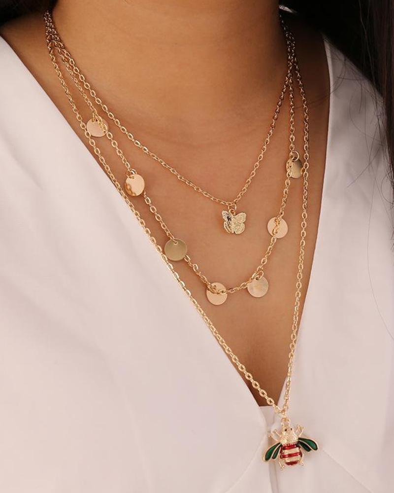 

Butterfly Bee Disc Multi-layer Necklace, Gold