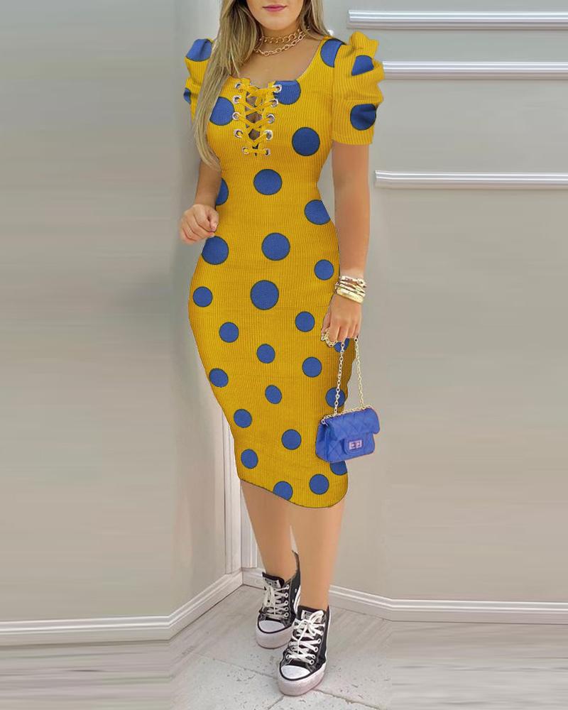 

Polka Dot Print Puff Sleeve Eyelet Lace Up Dress, Yellow