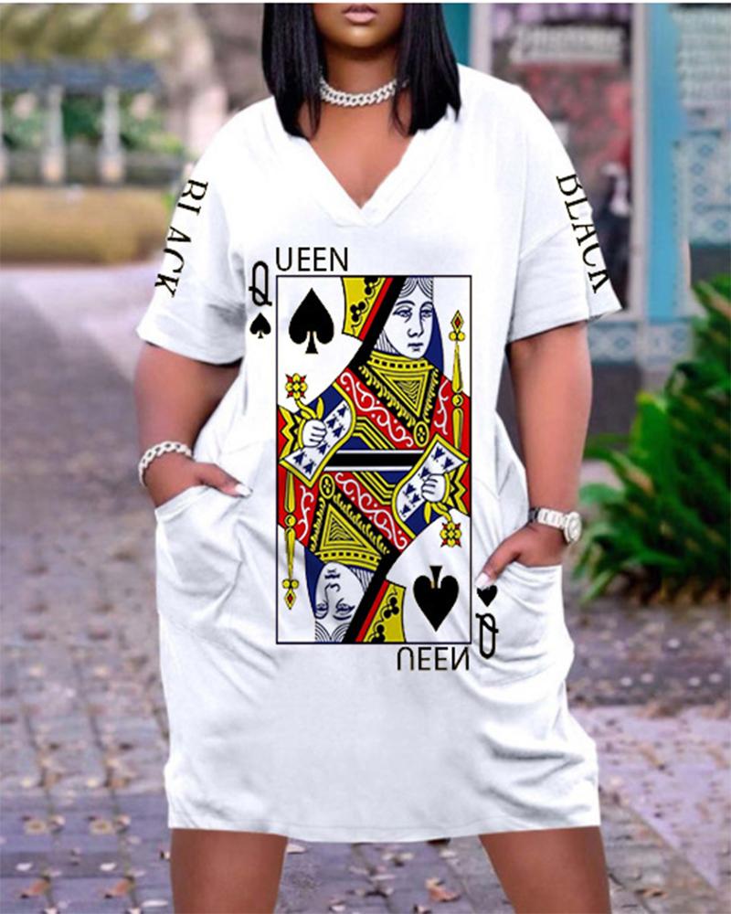 

Letter Poker Print Pocket Decor Casual Dress, White