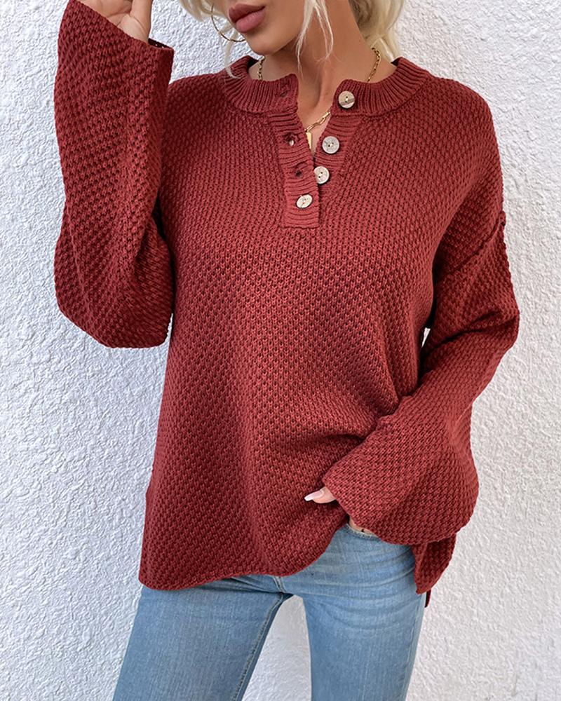 

Button Front Long Sleeve Sweater, Red