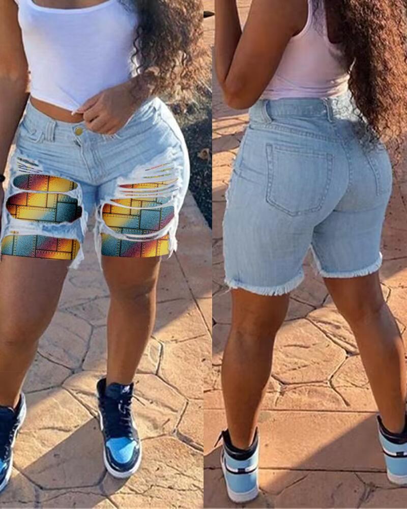 

Rainbow Ombre Denim Look Print Patchwork Ripped Denim Shorts, Blue