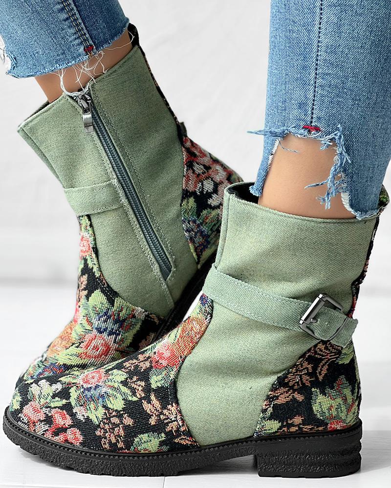 

Floral Embroidery Buckled Ankle Boots, Green