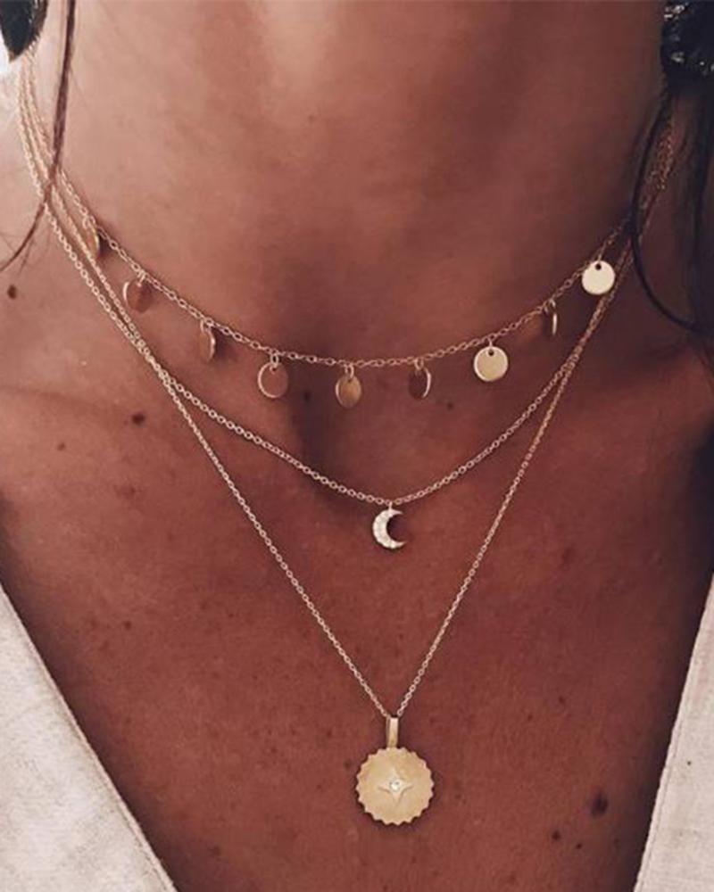 

1pcs Moon Sun Pattern Disc Pendant Necklace, Gold