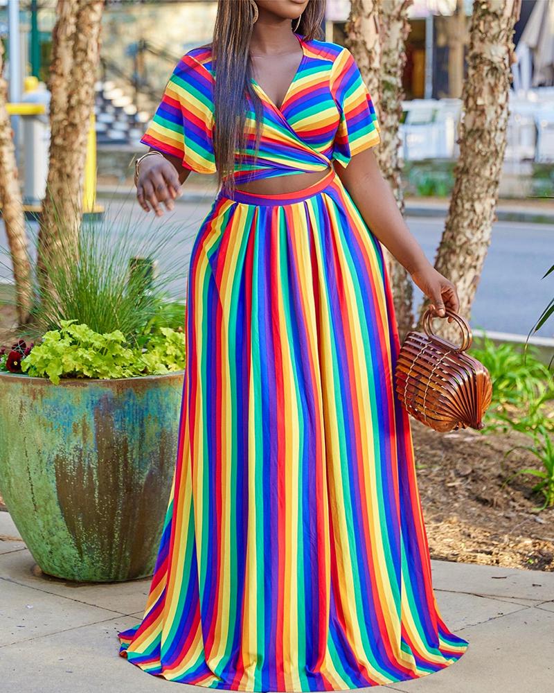 

Plus Size Rainbow Stripe Print Crop Top & Maxi Skirt Set, Multicolor