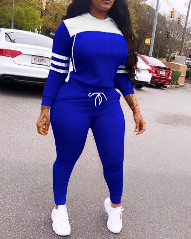 

Colorblock Long Sleeve Casual Hoodie & Pants Set, Blue