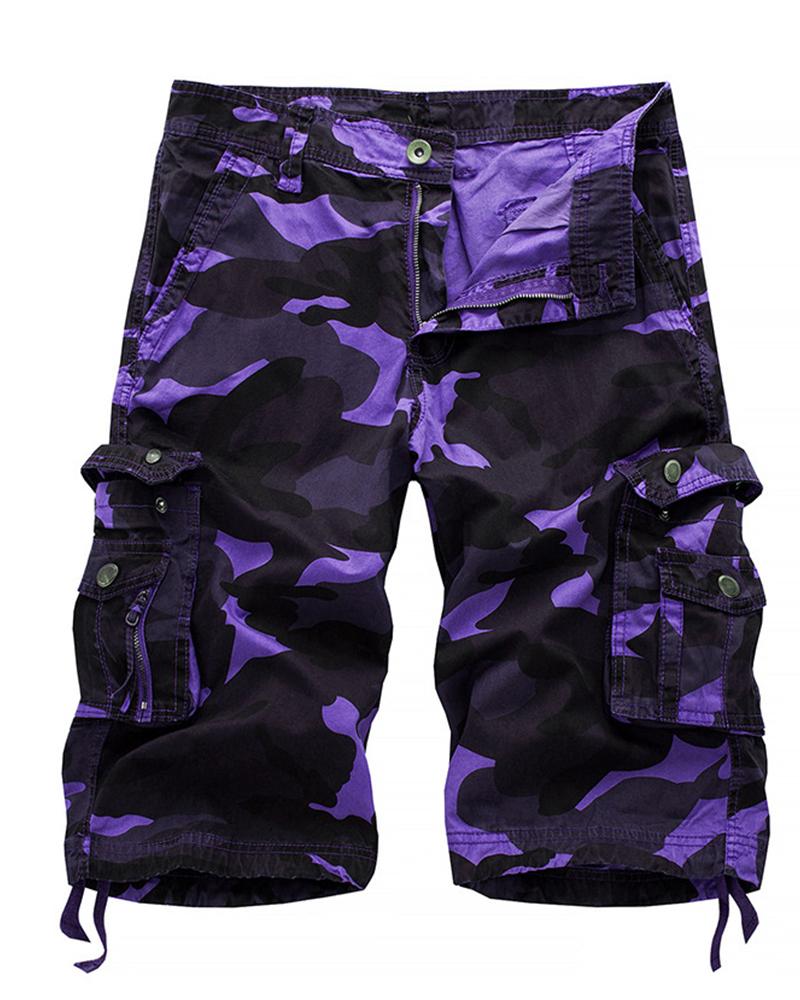 

Camouflage Print Cargo Short Pants, Purple