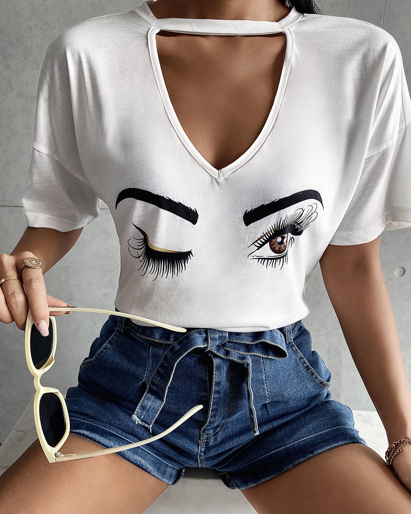 

Eyes Print Cutout Front Casual T-shirt, White