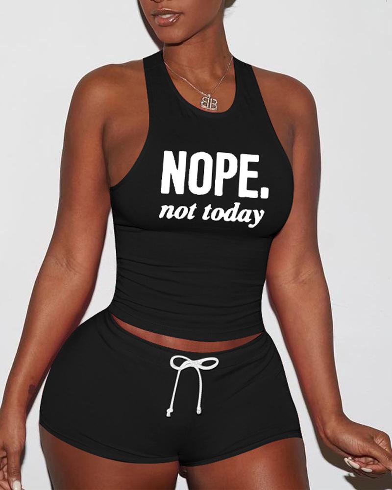 

Letter Print Drawstring Active Set, Black