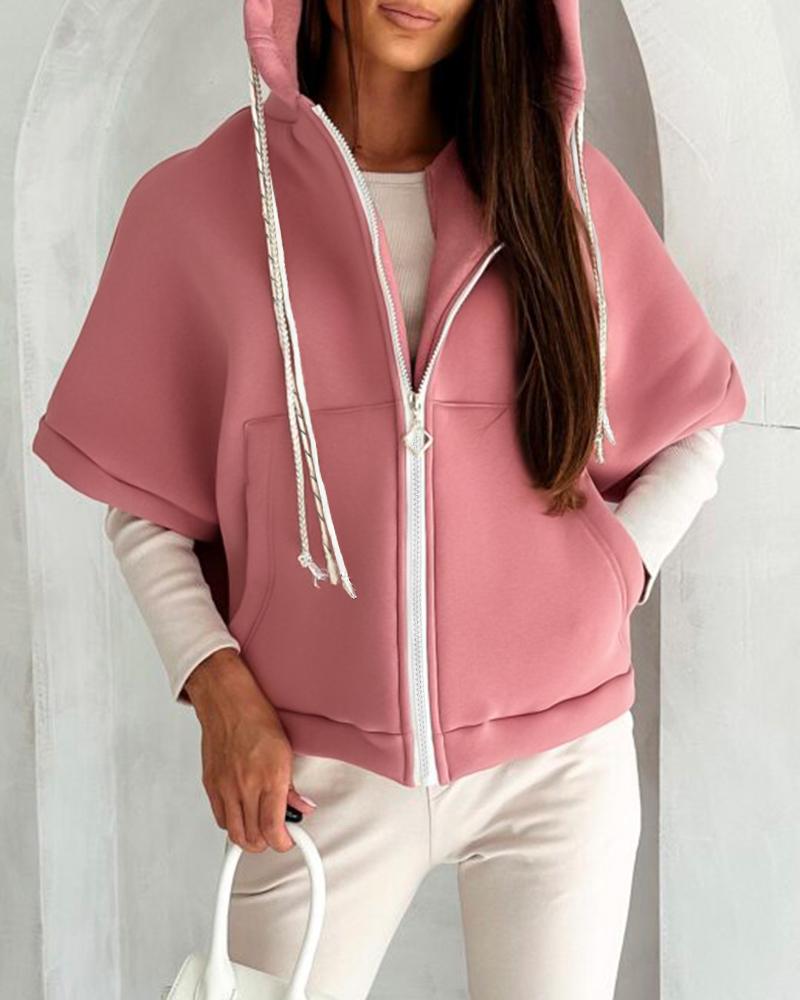 

Zipper Design Half Sleeve Hooded Jacket, Pink