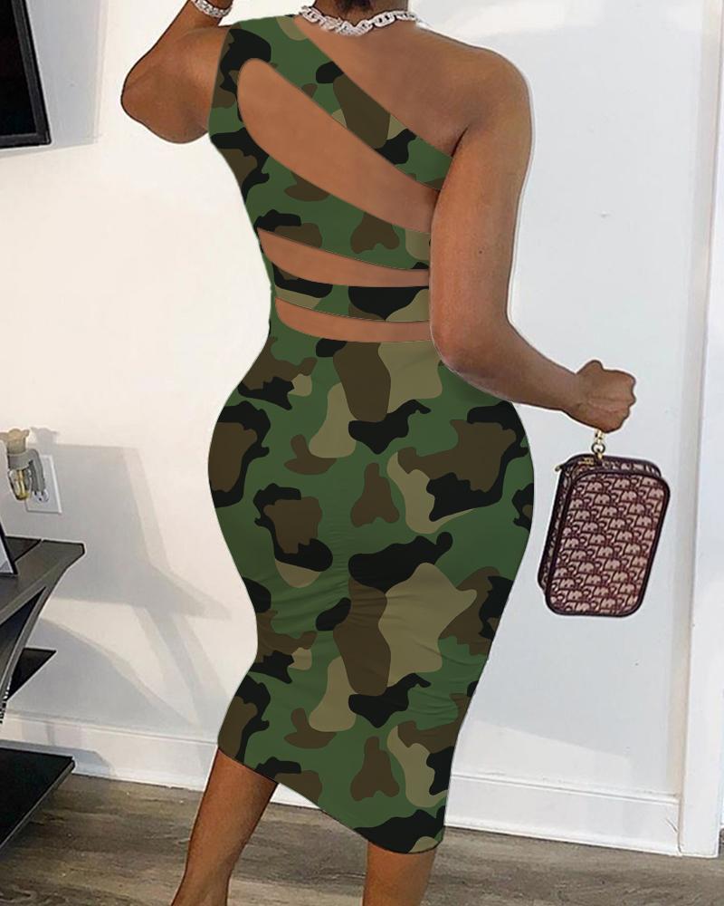 

Camouflage Print Ruched Cutout Bodycon Dress, Camoflage