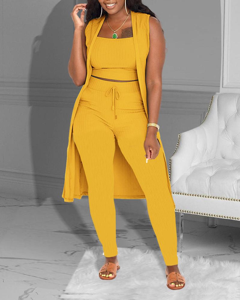 

3PCS Ribbed Crop Top & Pants Set With Vest Coat, Yellow
