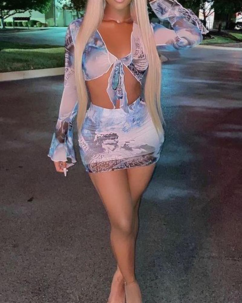 

Tie Dye Long Sleeve Strappy Blouse With Mini Skirts Skirts Sets, Multicolor