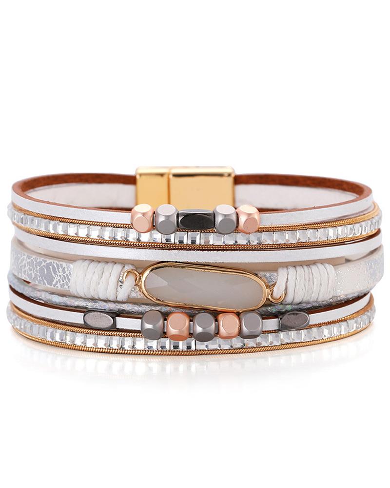 

1pc Tribal Bohemian Multi-layer Beaded Magnet Wide Bracelet, Silver