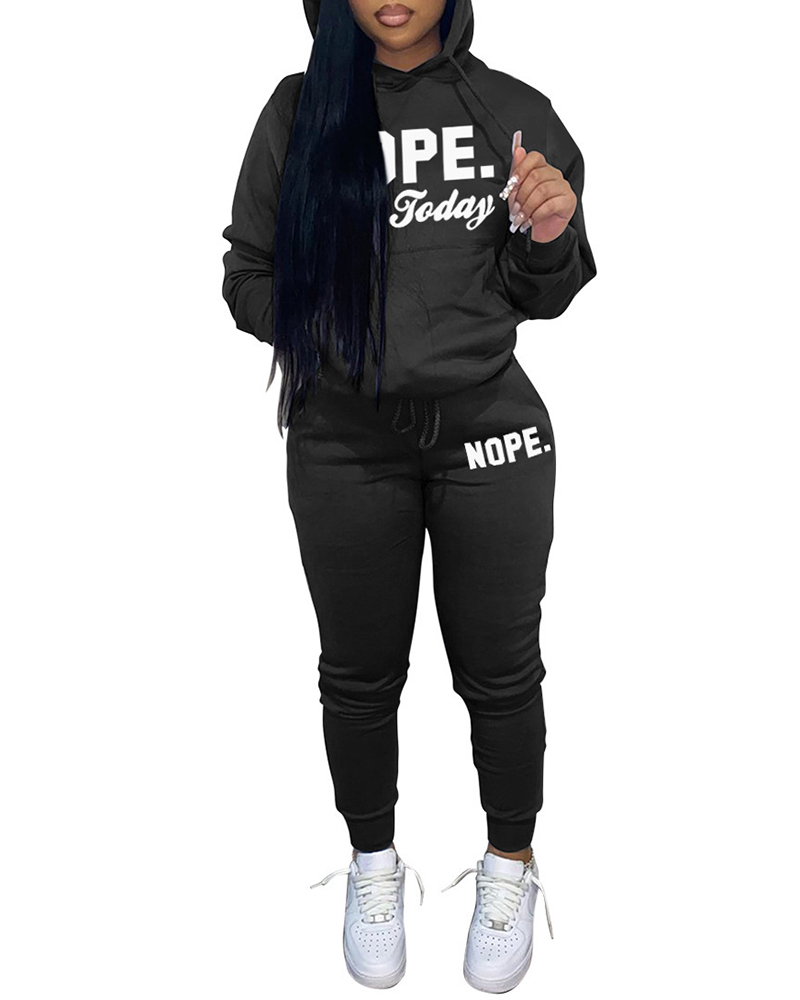 

Letter Print Pocket Design Hoodie & Pants Set, Black
