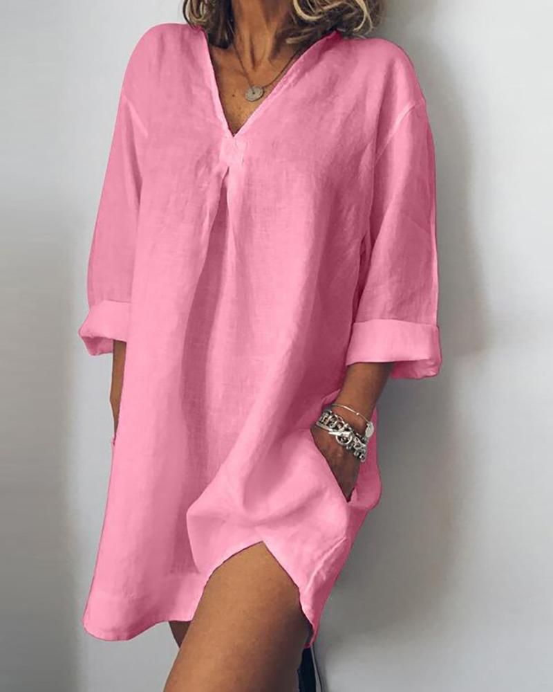

Plain Long Sleeve Casual Dress, Pink