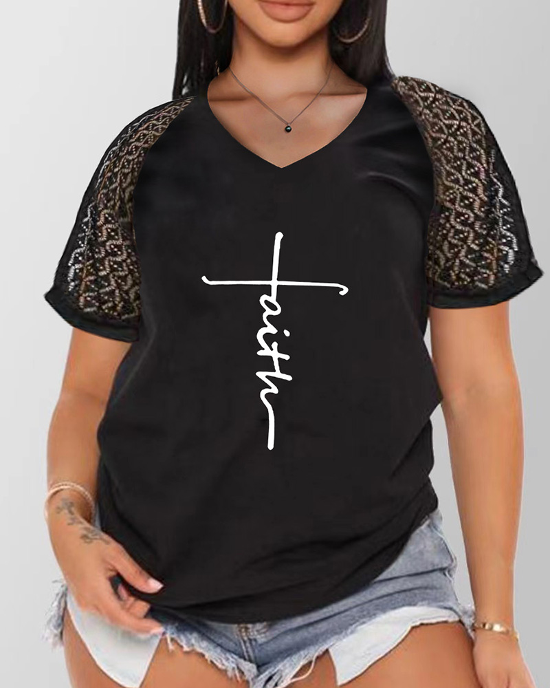 

Lace Patch Letter Print Short Sleeve T-shirt, Black