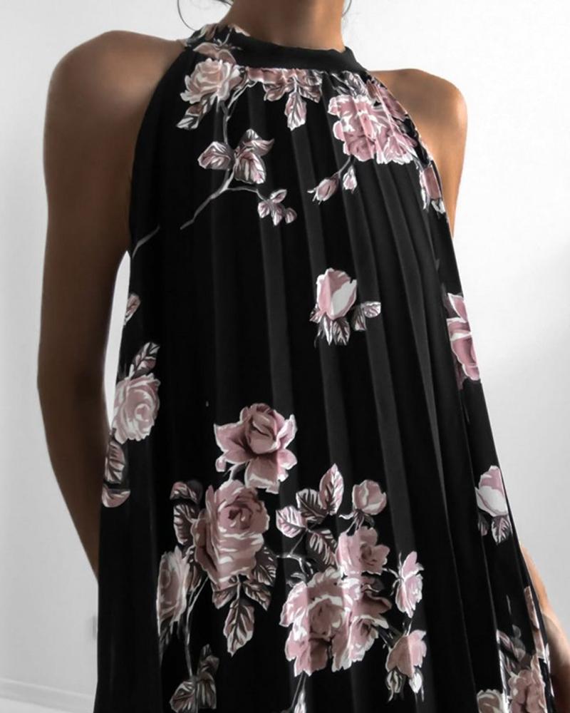

O Neck Floral Print Ruched Casual Dress, Black
