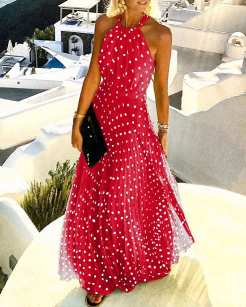 

Polka Dot Print Chiffon Pleated Maxi Dress, Red
